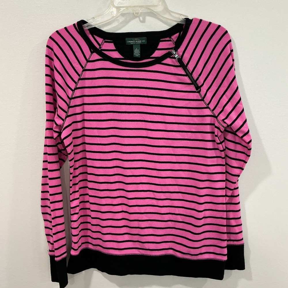 LRL Lauren Jeans Co Striped Top Womens L Pink Navy Nautical Shirt‎ Coastal